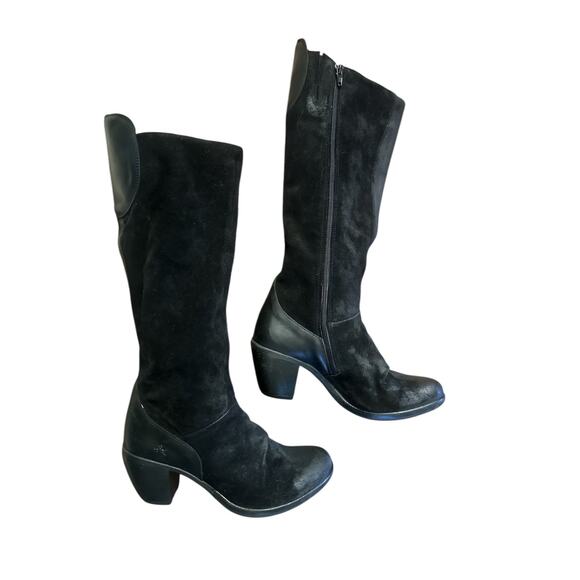 Women 40 Fly London Black Leather Knee-High Heeled Boots Brushed Suede - Picture 4 of 9